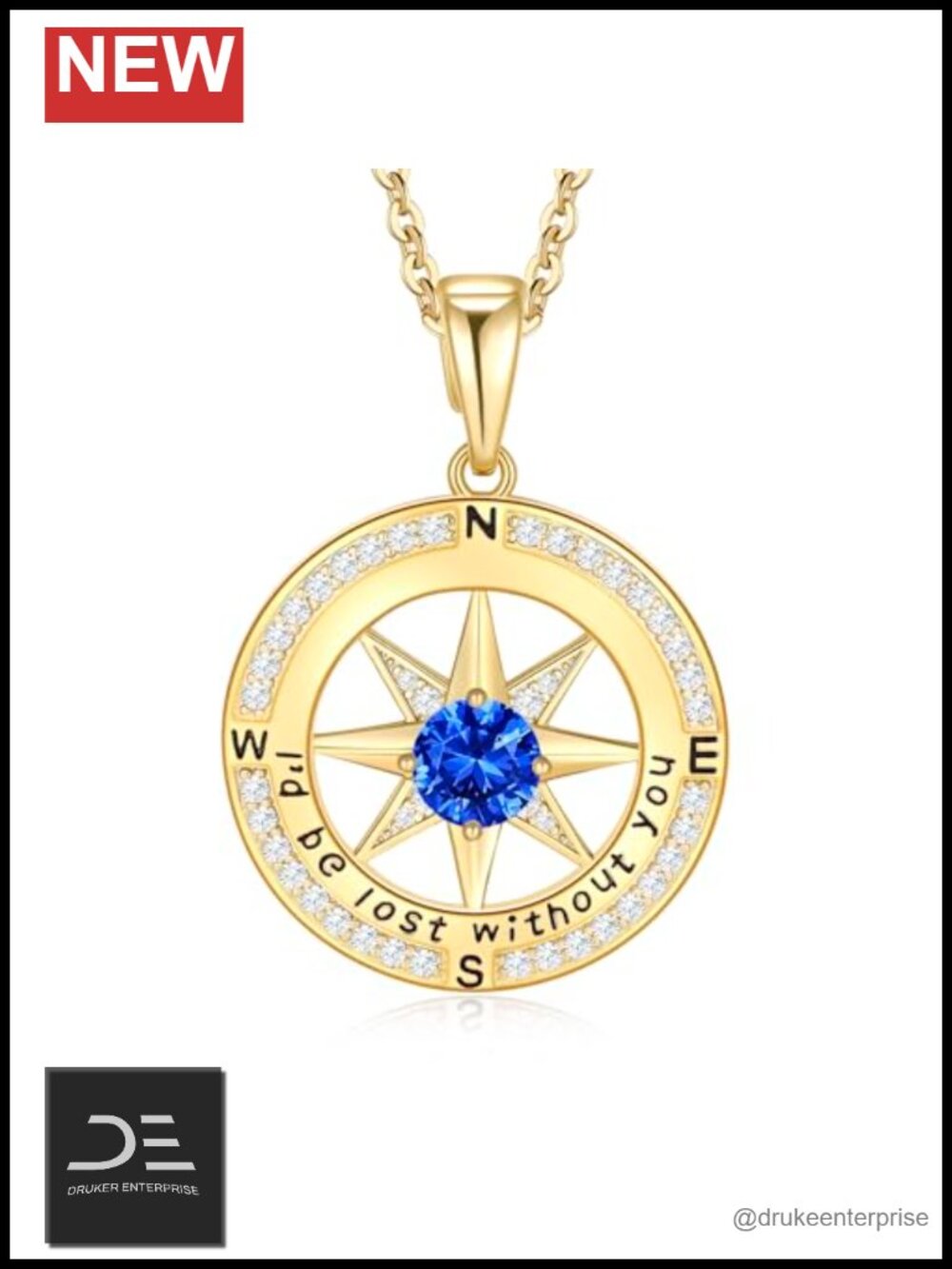 Sterling Silver Compass Pendant Necklace 18K Gold Plated Cubic Zirconia Gift